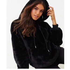 Black thick plush faux fur full zip hoodie NWT